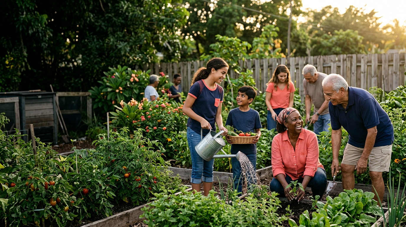 Neighbors working together in a community garden